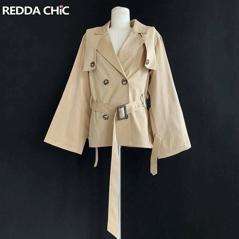 ReddaChic Classic Khaki Notch Lapel Women Trench Coat Double Breasted Belted Long Sleeves Cropped Jacket Business Casual Outwear