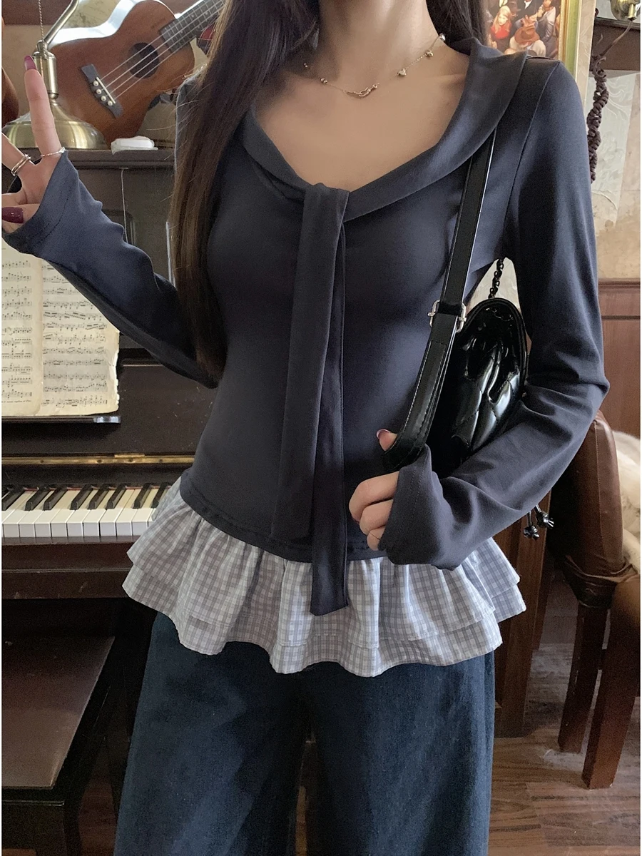 

Korean Sle V-Ne Tie Waist Long Sve T-irt Women's Autumn New Plaid Hem Base irt Slim Fit Boting Top