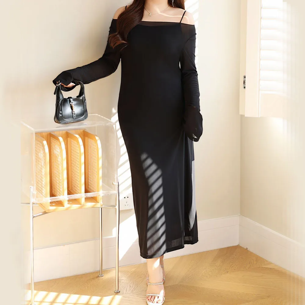 Good Quality Mesh Cover-ups Plus Size Women Fishtail Spaghetti Strap Dress French Two-Piece Set