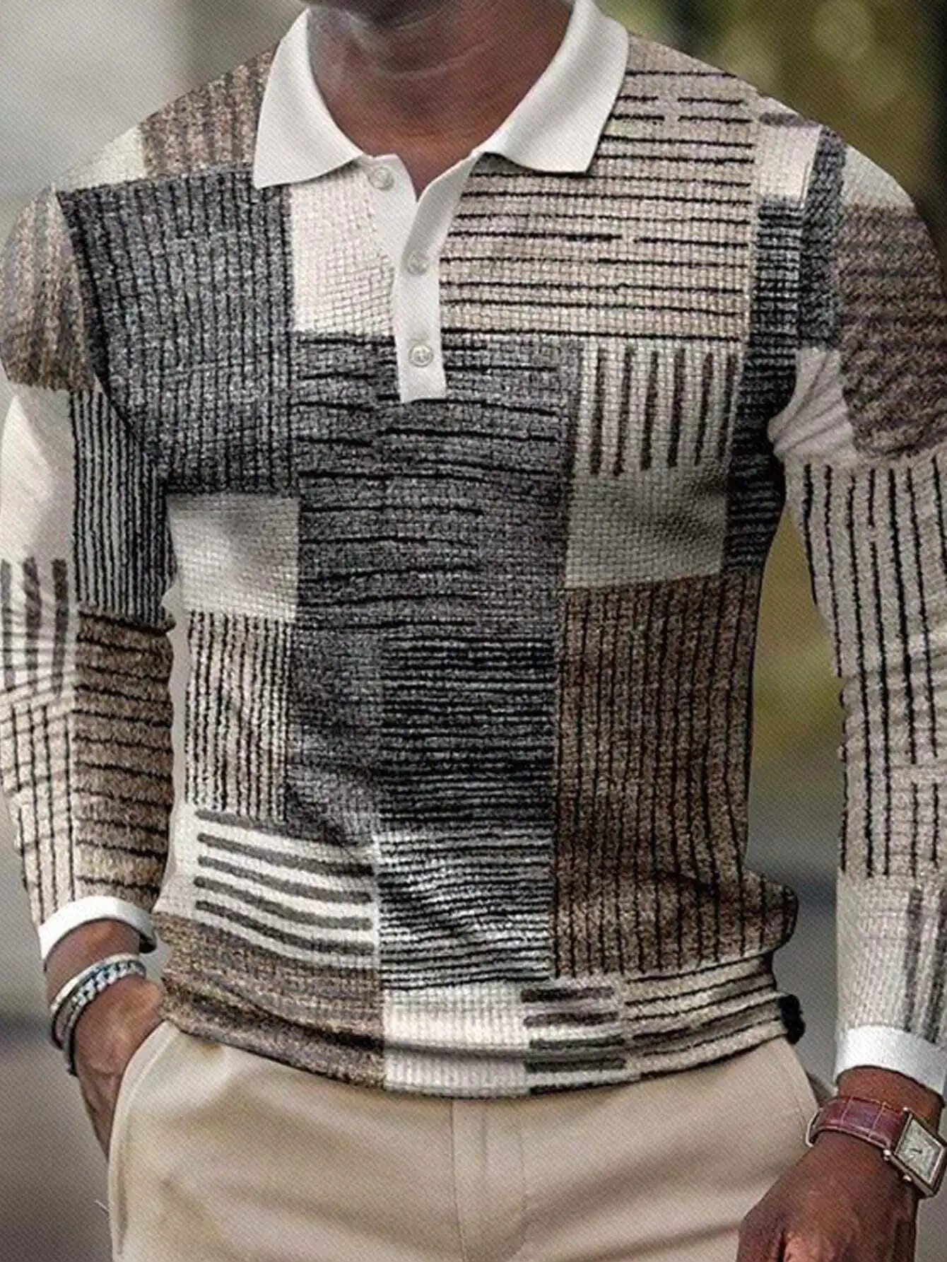 

Men's Casual Patchwork Print Long Sleeve Half-Button Polo Shirt, Fall