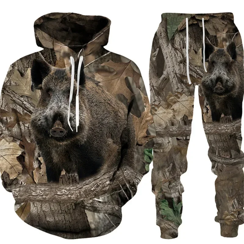 Men\'s Outdoor Tracksuit Camouflage Hunting Clothes Animal Rabbit Dog Wild Boar Print 3D Hoodie Long Pant 2 Piece Sportwear S-6XL