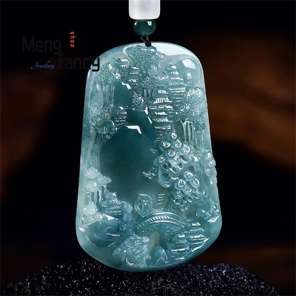 High-end Natural A-grade Jadeite Blue Water Jiangshan Scenery Shanshui Brand Ice Jade Pendant Exquisite Couple Fashion Jewelry