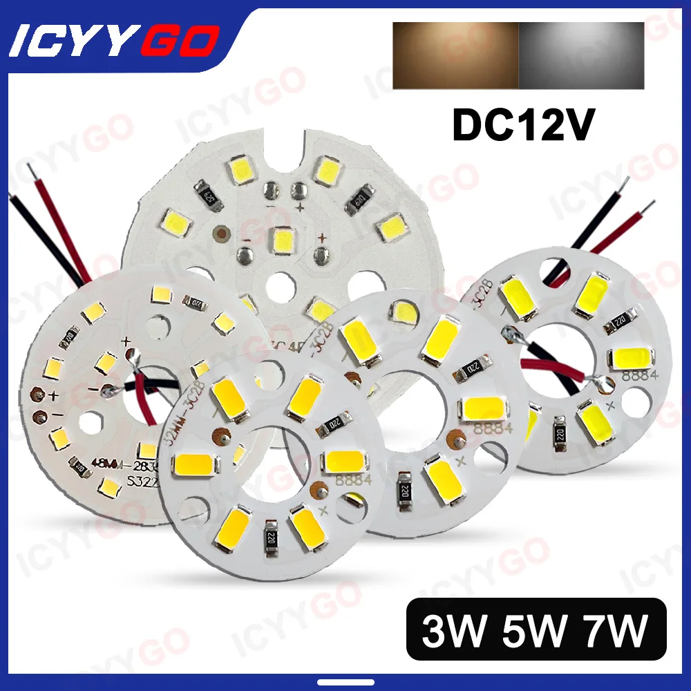 

LED Light Board DC12V 1W 3W 5W 7W Natural Warm White Light SMD 5730 2835 Chip Bulb Round Light Source Board Welding Power Cord