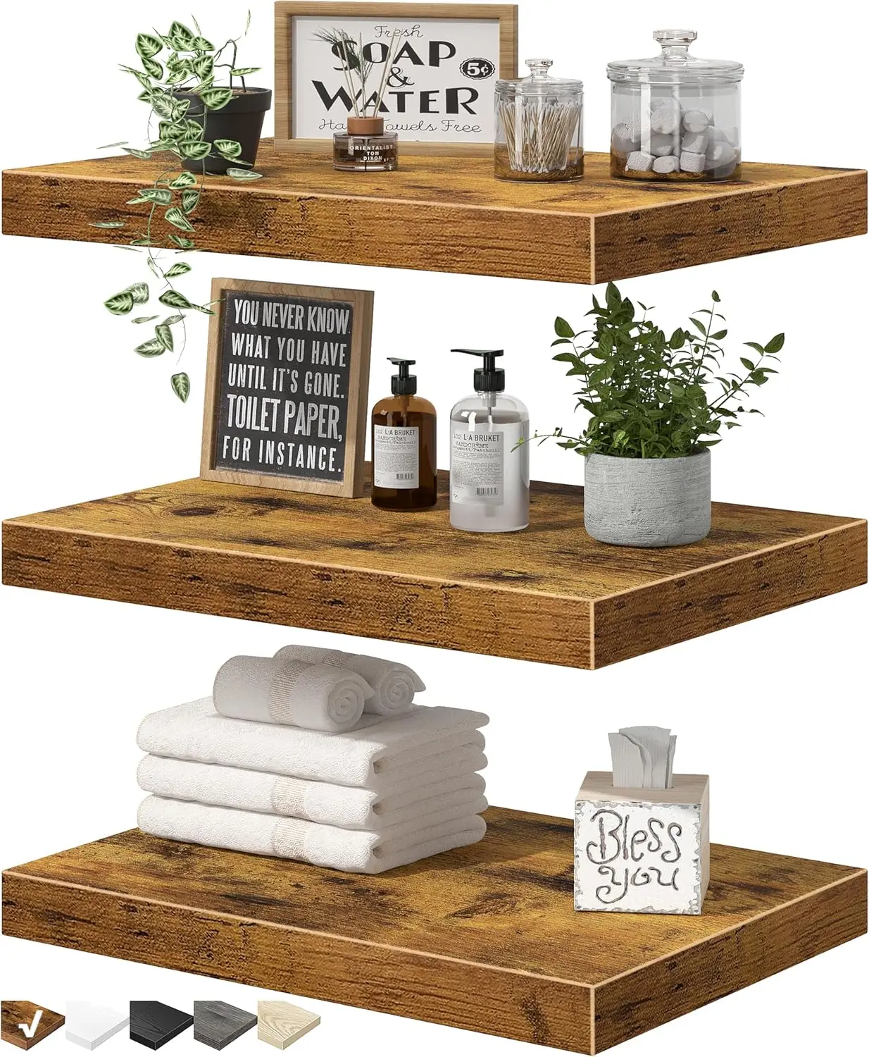 

10" Deep Floating Shelves Set of 3, Rustic Brown Wood for Wall - Bathroom Bedroom Kitchen Living Room