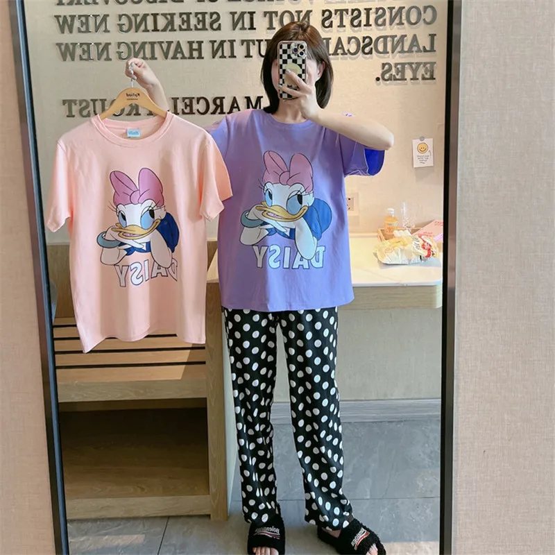 

Disney Cartoon Daisy Polka Dots Print Women's Pajamas 2pcs Set Summer Short Sleeve Trousers Thin Cute Homewear Set Girl Pajamas