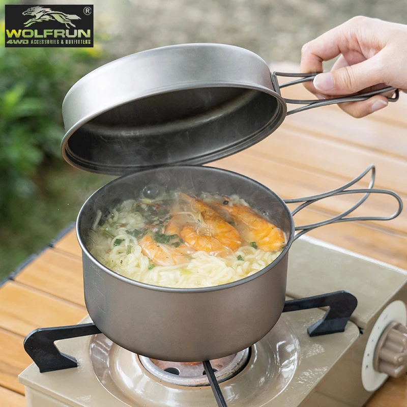 

Titanium Pot Pan Set Outdoor Camping Cookware Hiking Portable Pot and Dish Set Folding Handles Camping Pot Picnic Equipment