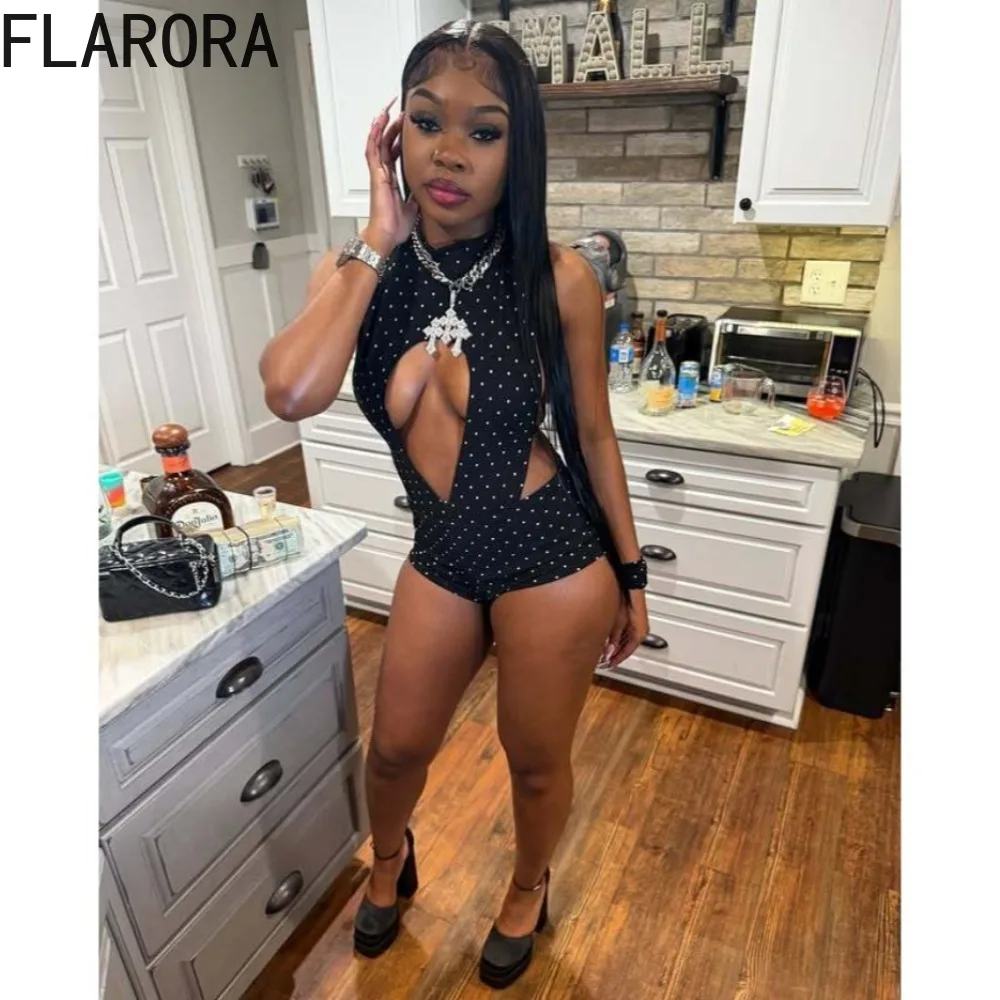 

FLARORA Sexy Trend Hollow Romper Woman Polka Dot Print Halter Sleeveless Backless Skinny Playsuits Hot Midnight Party Clubwear