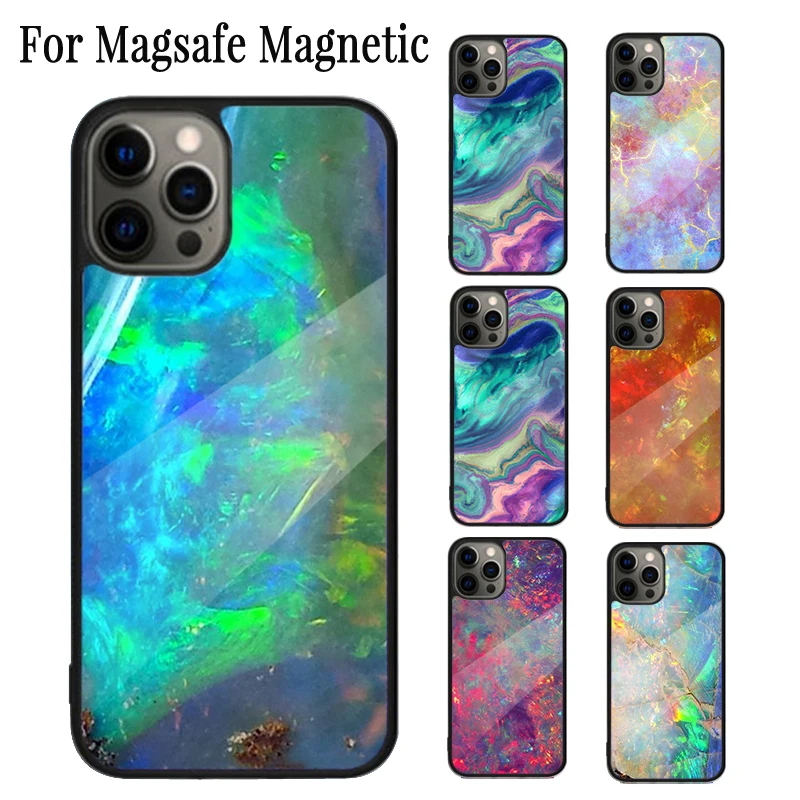 Opal Stone Iridescent Magnetic Phone Case Coque For iPhone 16 15 14 Plus 13 12 Mini 11 Pro Max Magsafe Wireless Charging Cover