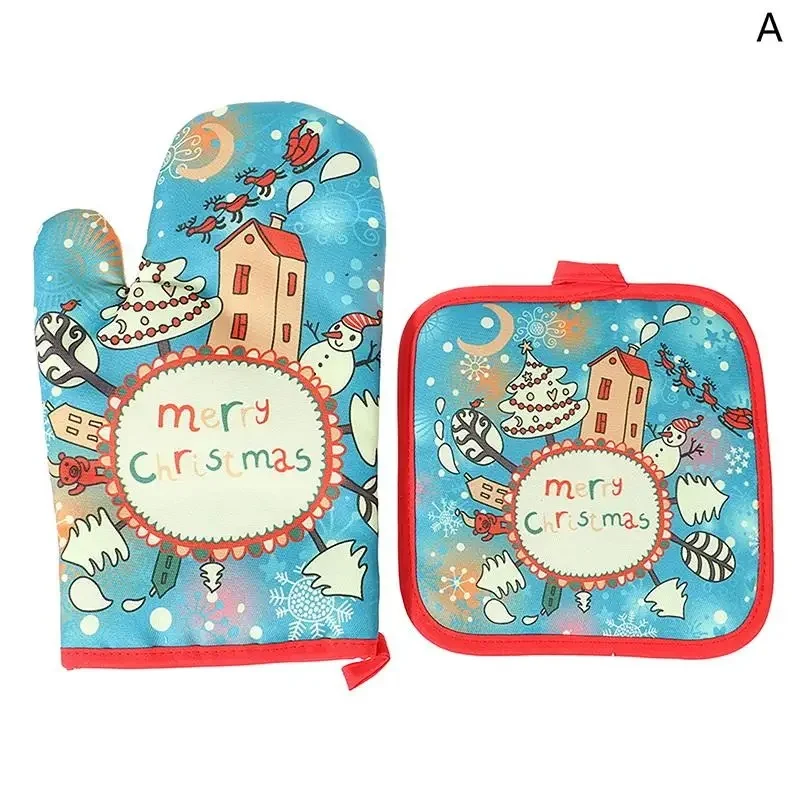 Santa Claus Snowflake Pattern Oven Tool Set, Insulated Christmas Kitchen Gloves for Cooking and Home Vacation Decoration