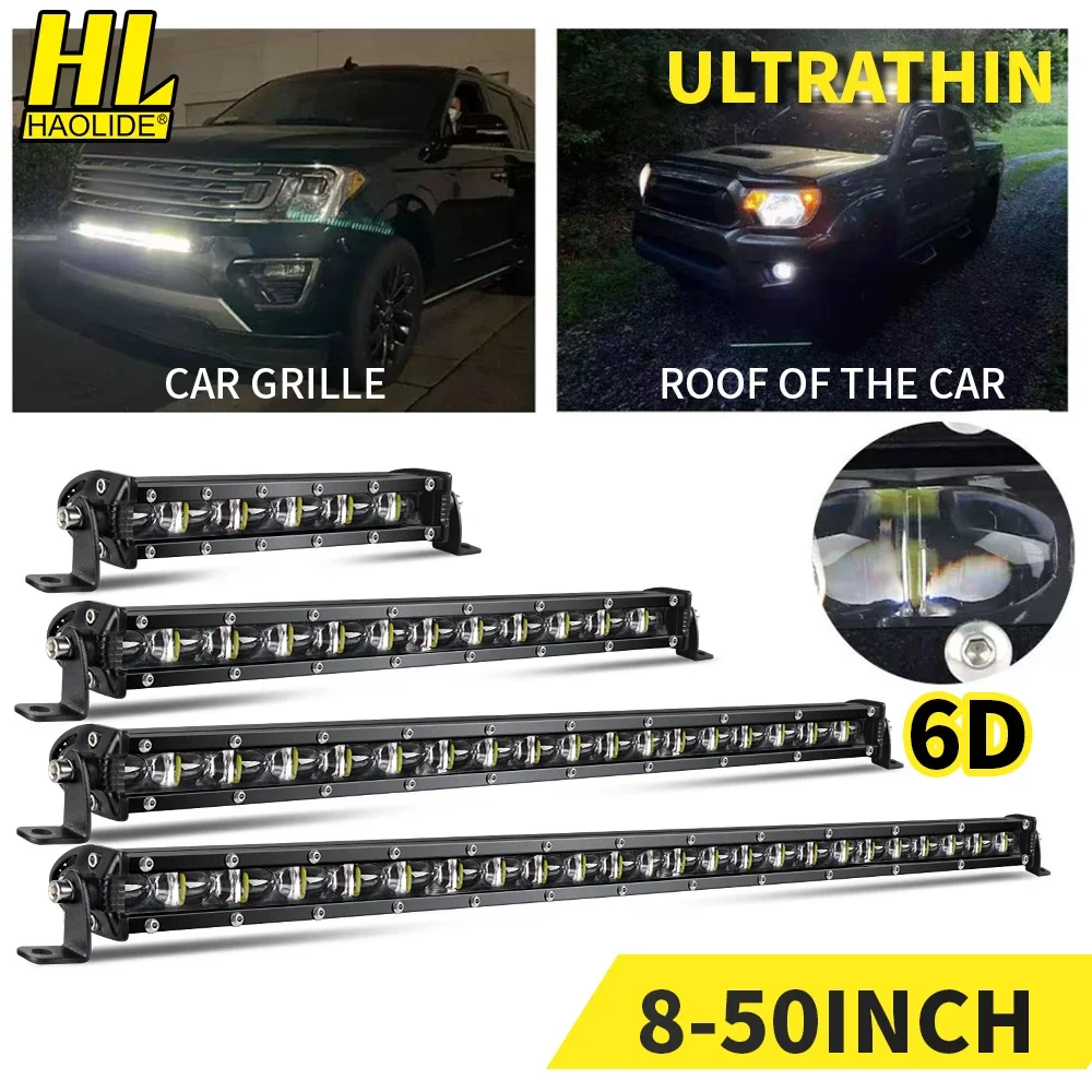 HAOLIDE 6D 7inch 14inch 20inch 26inch 38inch 50inch 1 Row Utral Slim Led Light Bar Driving Light 6000k White for Offroad SUV UTV