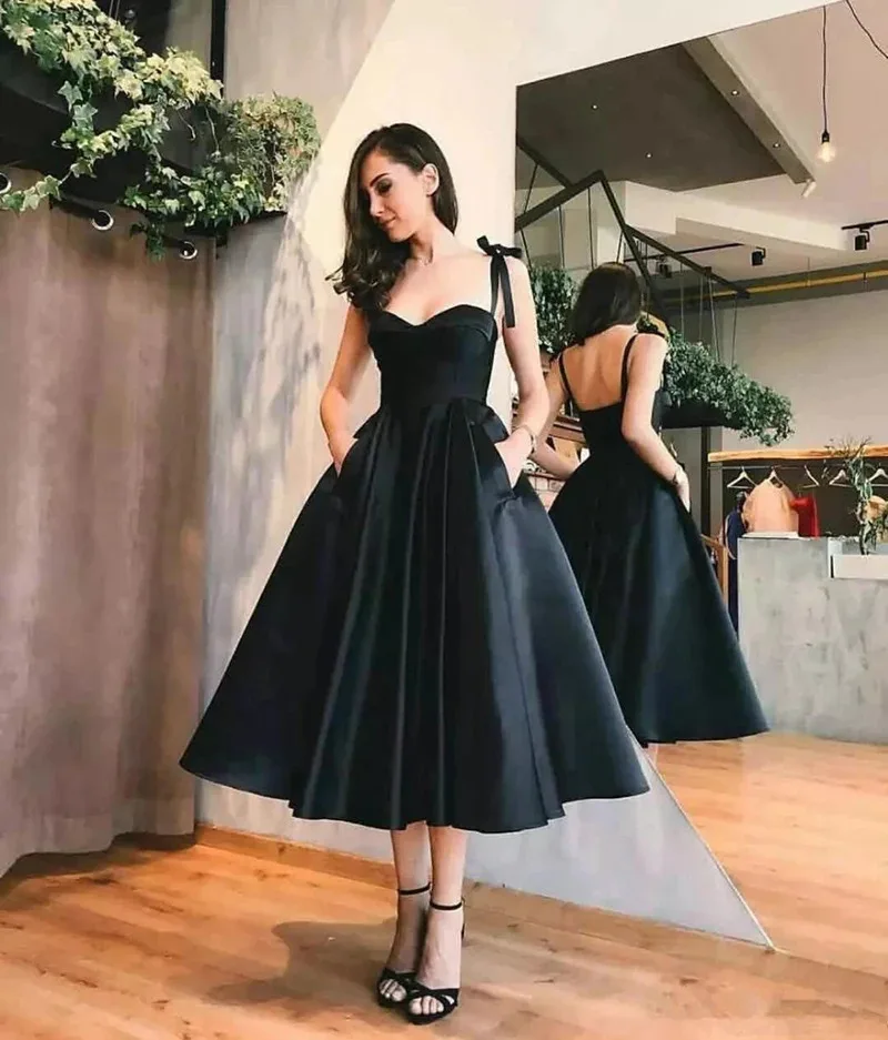 

Satin Elegant Prom Dresses Tea Length Simple Evening dresses Vintage Black Dress Prom Vestidos De Fiesta De Noche