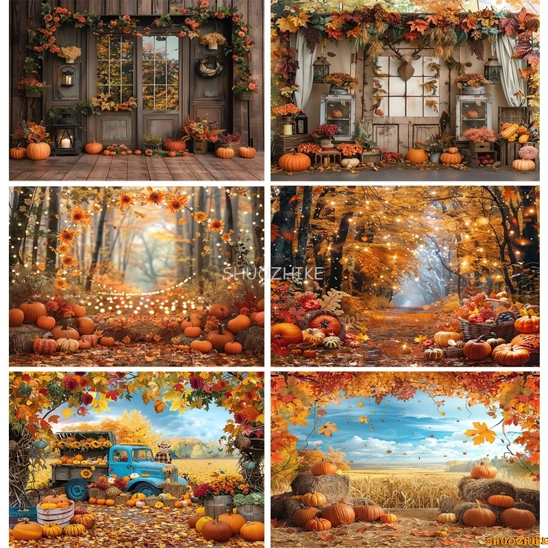 

Autumnal Pumpkins Farm Photography Backdrops Props Halloween Fall Field Maple Leaf Scarecrow Fence Photo Studio Background FM-02