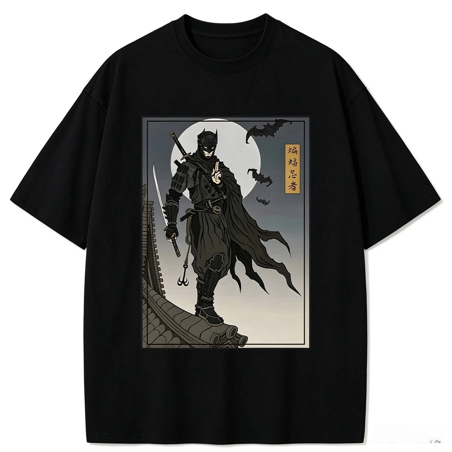 Japanese Ukiyo-e Ninja Warrior Graphic T-shirt Unisex Retro Bat Motif Print Tee Casual Streetwear Men Women Summer Short Sleeve