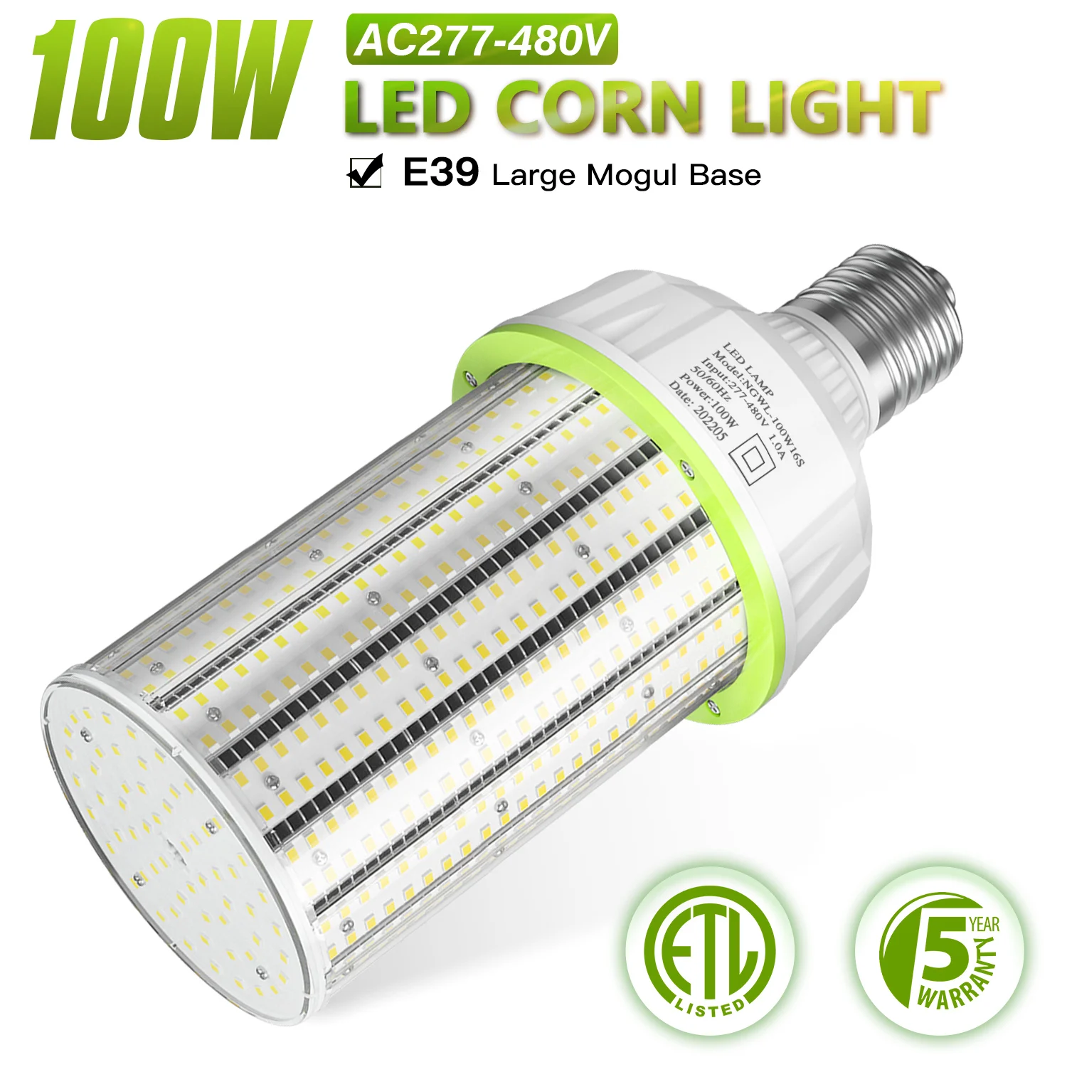 

100W LED Corn Lights 277-480V E39 14000Lm LED Bulb Commercial Factory Warehouse Garage High Bay Area Lighting