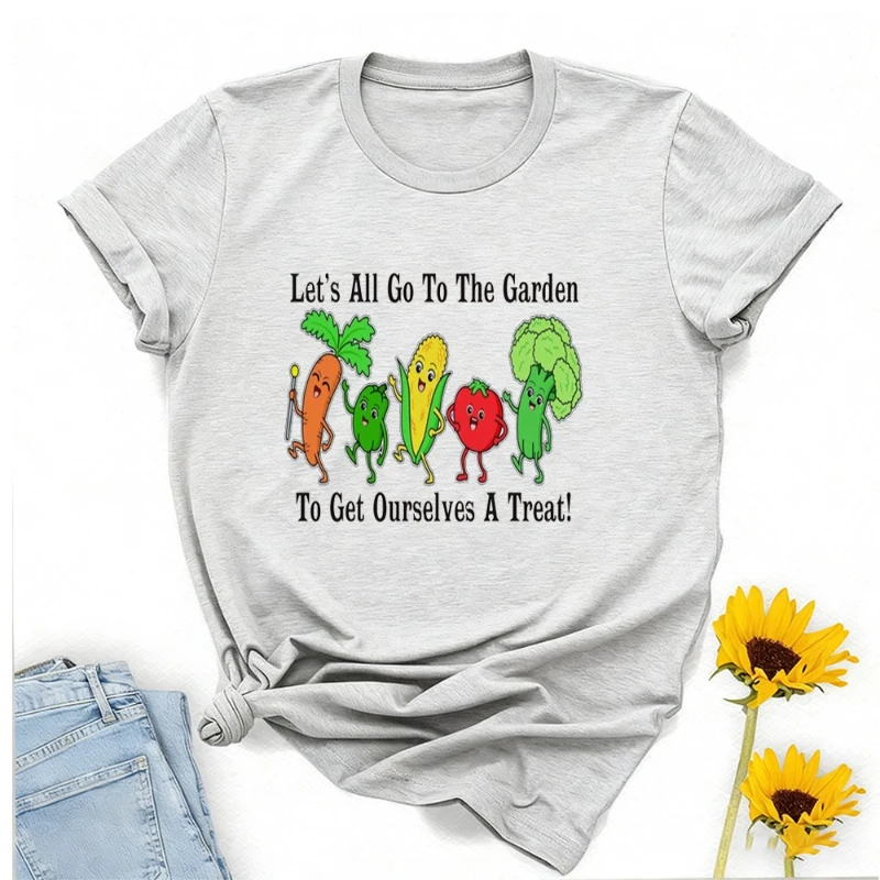 Wegański Koszulka dla dorosłych z nadrukiem: Wszyscy do ogrodu, pożyczymy sobie smakołyki! Vegetarian, zdrowy strój, miłośnik warzyw, ogrodnik.