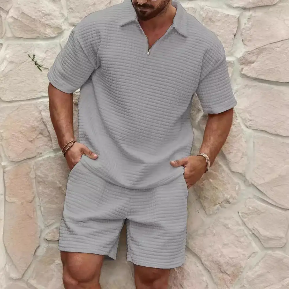 Comfortable Gym Outfit Men's Lapel Short Sleeve Sportswear Set with Elastic Waist Shorts Solid Color Waffle Texture for Active