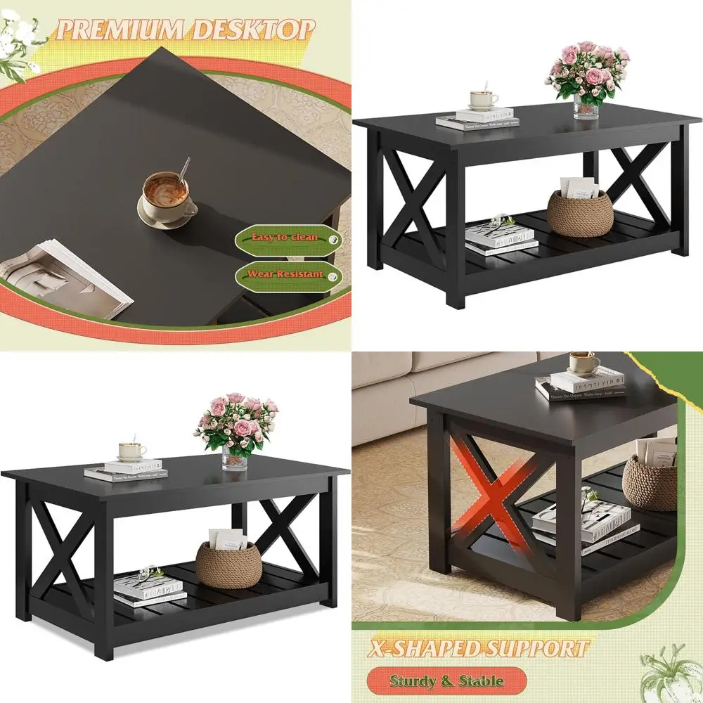 

40.1 Slatted Shelf Farmhouse Style Coffee Table, 2-Tier X-Frame Wood Centerpiece for Living Spaces, Black