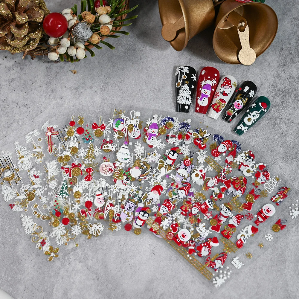 5D تنقش الذهبي بريق عيد الميلاد الكرة مسمار ملصق الأبيض ندفة الثلج القوس قلادة ذاتية اللصق مسمار الفن الديكور عيد الميلاد ملصق