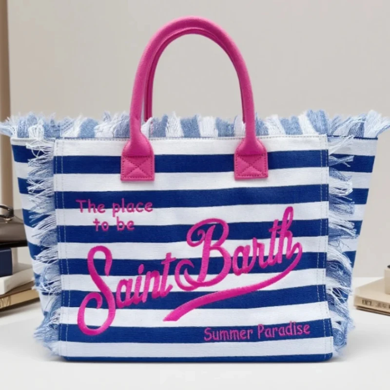 

Designer Handbags New Women's Large Capacity Fashionable Horizontal Striped Dark Blue Fringe Beach Tote