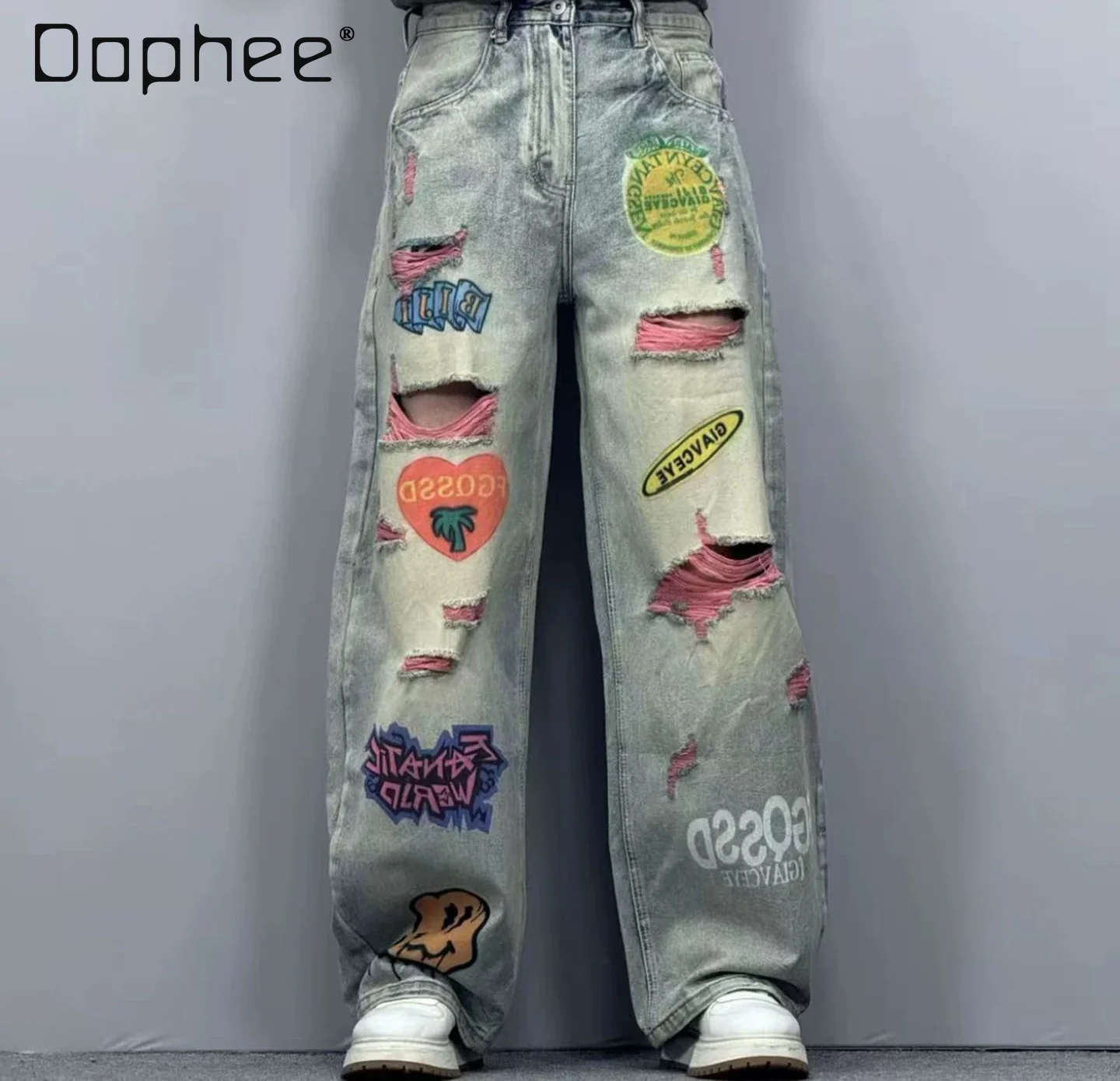 2026 Summer American HighStreet Men's Y2K Pants Pink Liner Ripped Graffiti Print Loose Wide Leg Floor Length Denim Jeans For Men