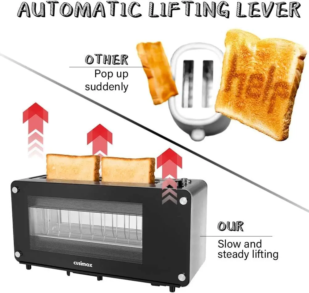 Toaster 2 Slice, Toaster Long Slot with Glass Window Bagel Toasters, Artisan Bread Toaster Stainless Steel Wide Slot with Automa