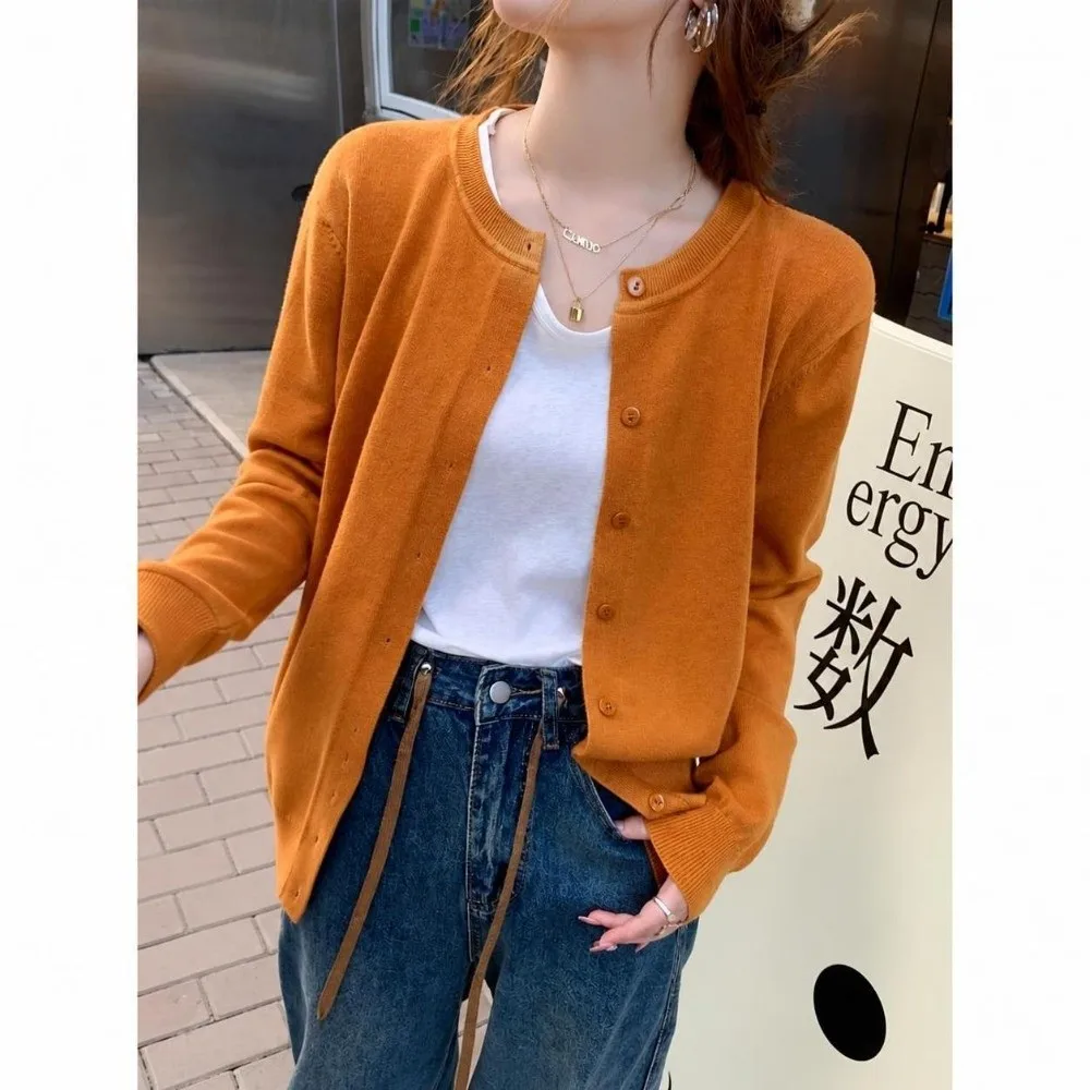 Casual Long Sleeve Knit Cardigan Solid Color O Neck Women Sweater Single Breasted Knit Jacket