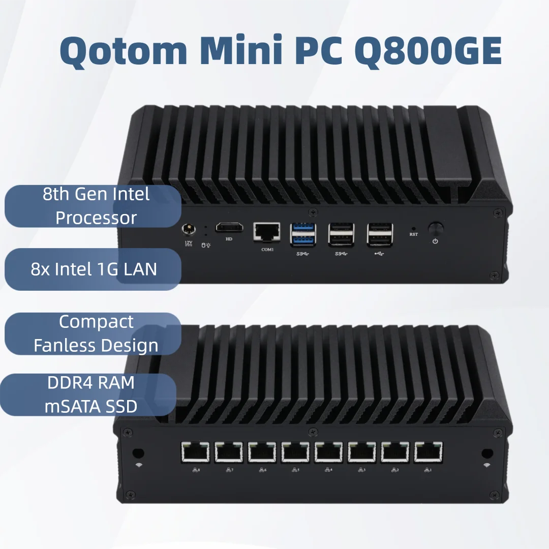 Qotom Mini PC Q838GE Core i3-8130U Dual Core 2.0 GHz 8x Intel i210 LAN para DIY Soft Router Gateways Firewall