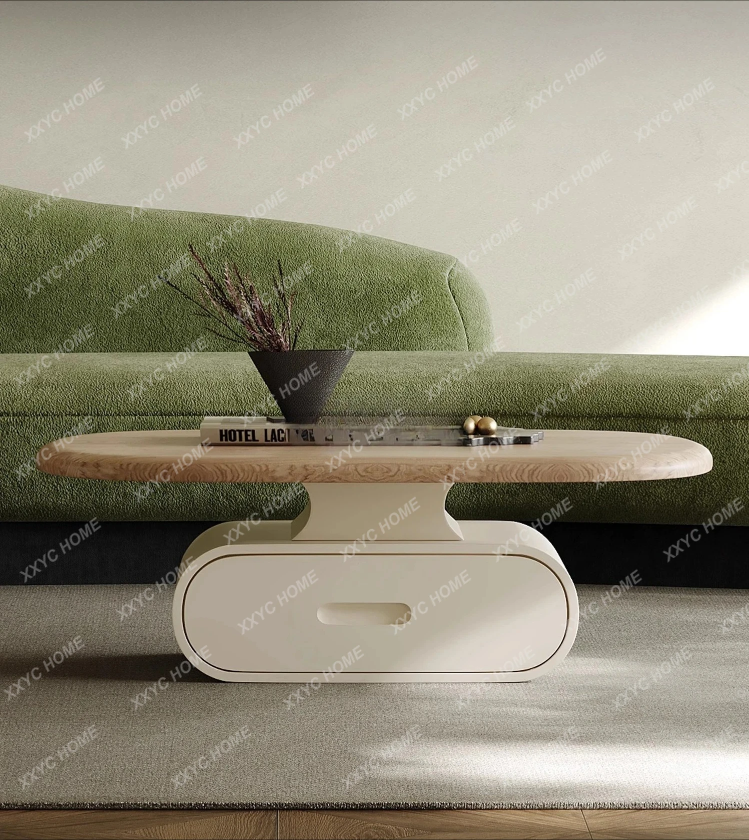 Wabi Sand wind solid wood coffee table designer living room household small apartment storage oval Nordic art high sense