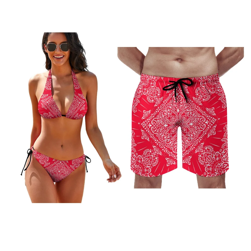 

2023 Summer Custom Couple Swimwear Sexy Women's Bikini Men's Swimming Trunks Bandana Beach Party Surprise Swimwear