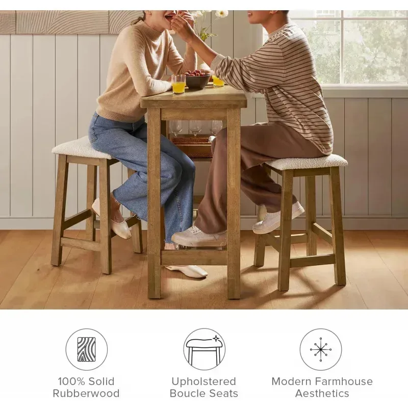 QAZ8-Kelly Contador de madera maciza, 2 taburetes Boucle, juego de 3 piezas 2. Mesa de isla pequeña con estantes de almacenamiento. Para sala de estar. Comedor