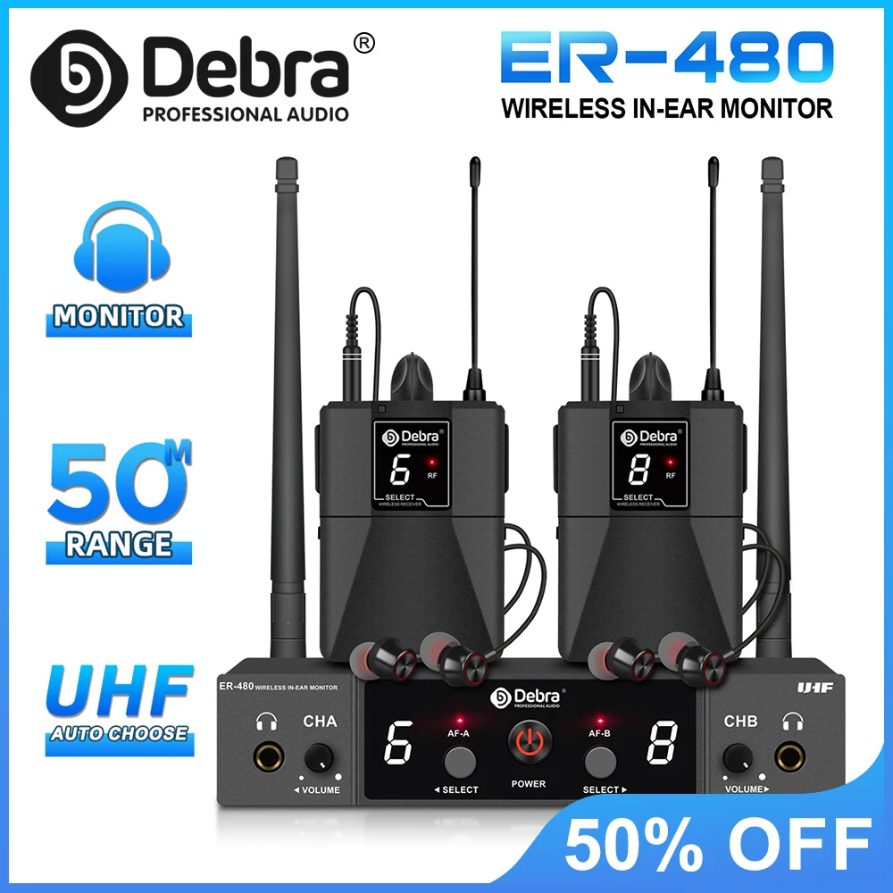 

Debra ER-480 Wireless In-Ear Monitor System, UHF 16-band adjustable, 50m range, for studio, stage performance, churches
