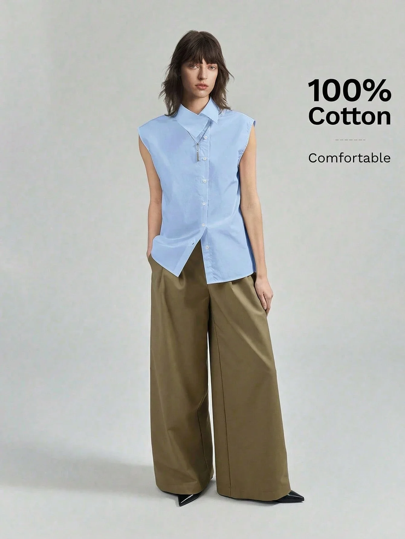 

Women's Light Blue Sleeveless Button-Up Shirt Loose Fit Casual Office Wear
