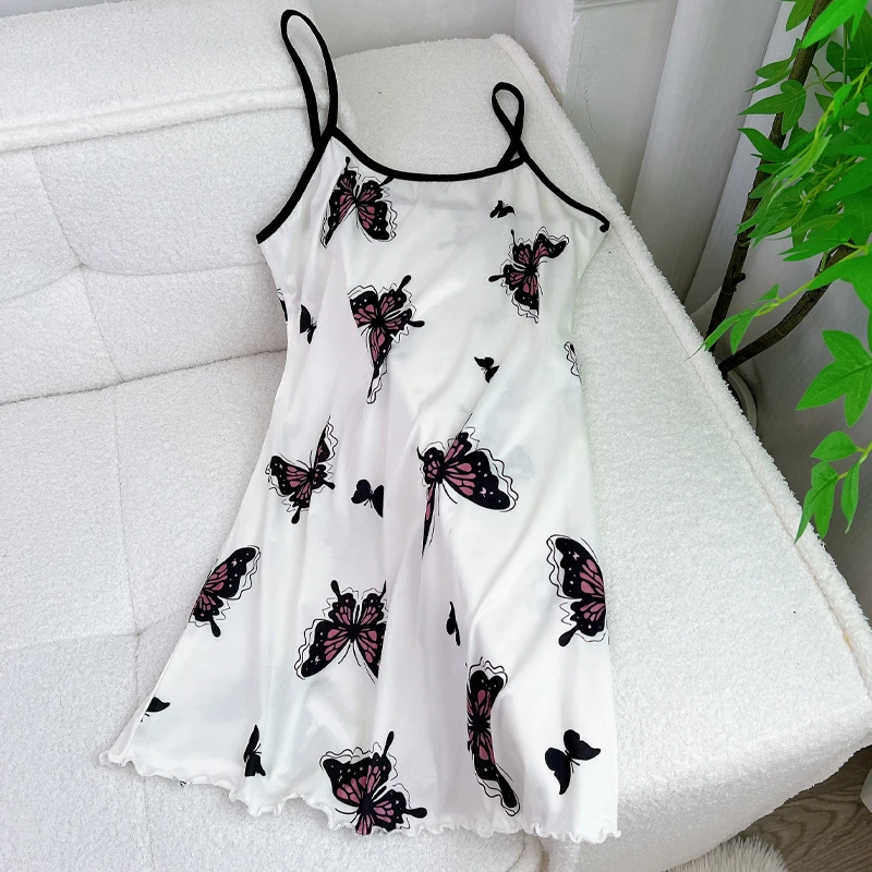Camisones de verano con estampado floral de corazones y mariposas, estilo oso de peluche, para mujer, cómodos, sin mangas, con volantes, ropa de dormir fina para mujer