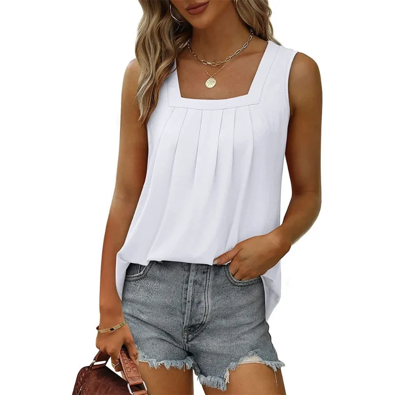 2024 Women's Sleeveless Square Neck Ribbed Stretch Basic Layering Tshirt Wrinkle Resistant