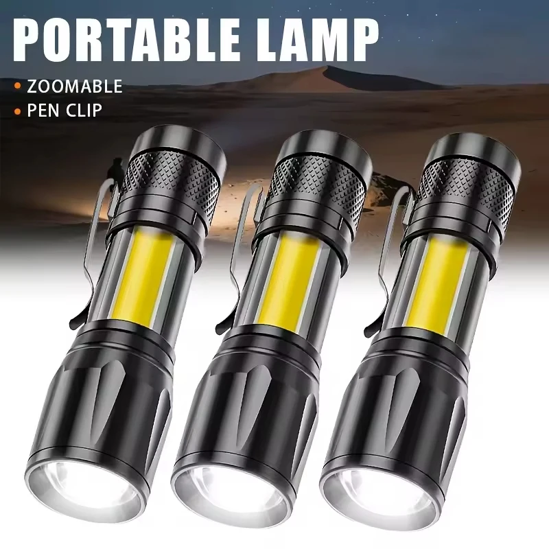 Portable Rechargeable LED Flashlight with Pen Clip Zoomable Waterproof Torch with Side Light Outdoor Camping Emergency Lantern