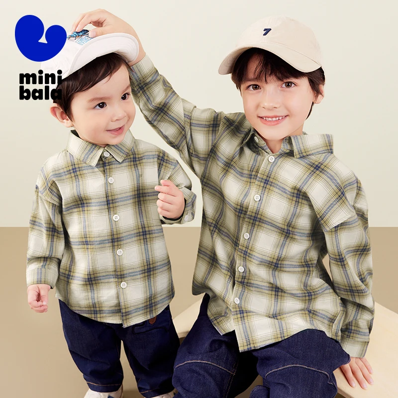 

Mini Bala Long Sleeve Checkered Shirt for Boys Babies 2024 Autumn New Product Skin-Friendly Comfortable Loose and Fashionable