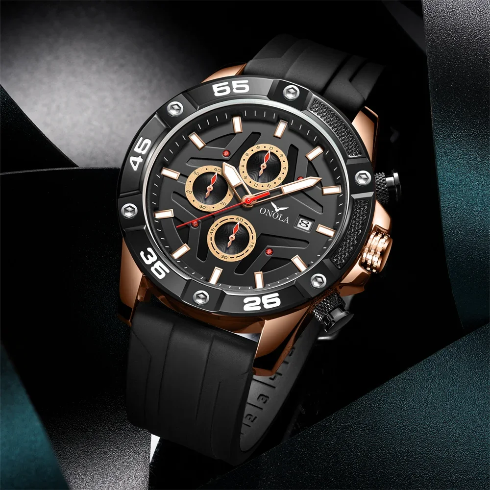 Mode ONOLA Horloge Heren Sport Siliconen Band Klok Klassieke Multifunctionele Chronograaf Waterdicht Quartz Man Polshorloge Hot Koop