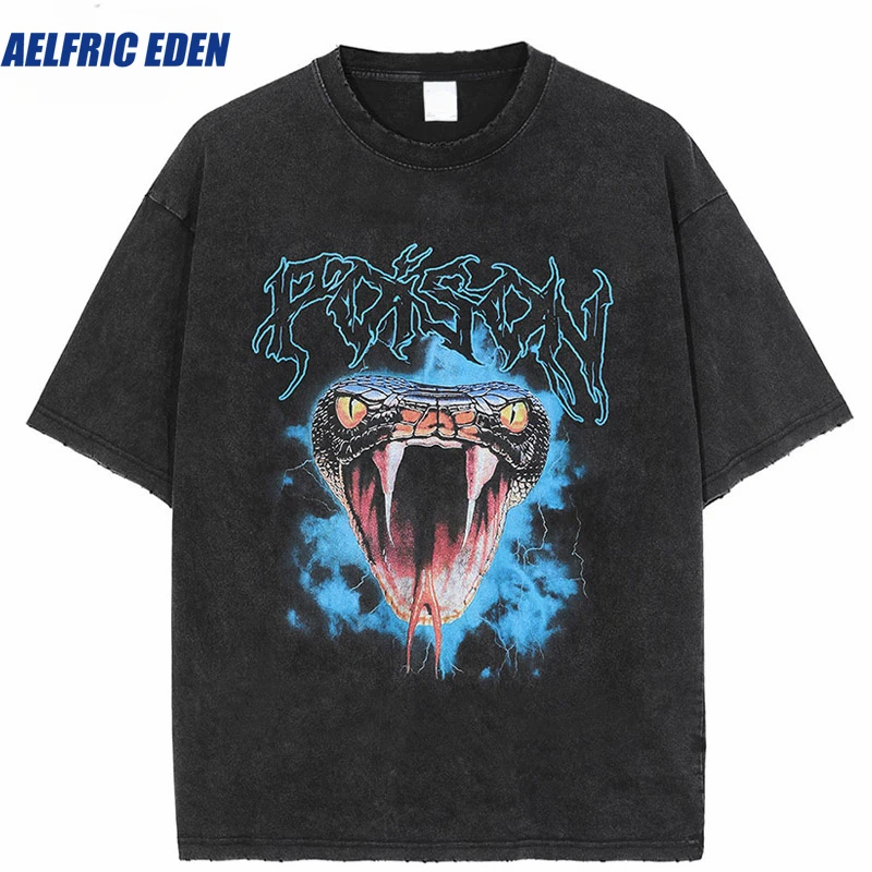 Aelfric Eden Hip Hop Streetwear Harajuku Washed Tshirt Snake Printed T-Shirt Men Cotton Casual Spring T Shirt Short Sleeve Tees