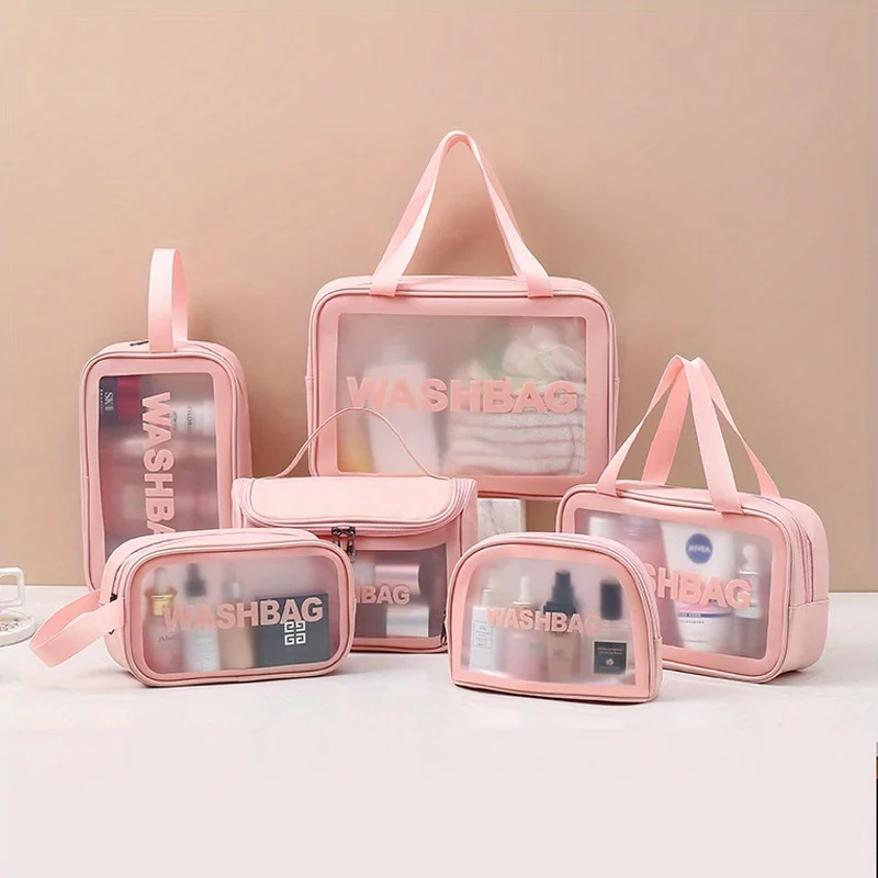 6pcs/set Clear Toiletry Bag, Wash Make Up Bag, Waterproof Zipper Cosmetic Bag, Portable Carry On Pouch For Women And Men