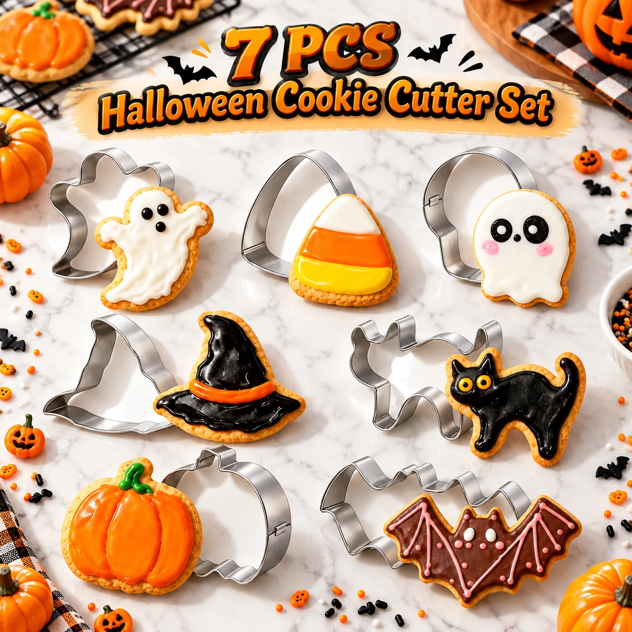 7-teiliges Halloween-Ausstechformen-Set, lebensmittelechter Edelstahl, Kürbis-, Geister-, Fledermaus- und Totenkopfformen, glatte Kanten, für DIY-Backen zu Hause – Detail 1