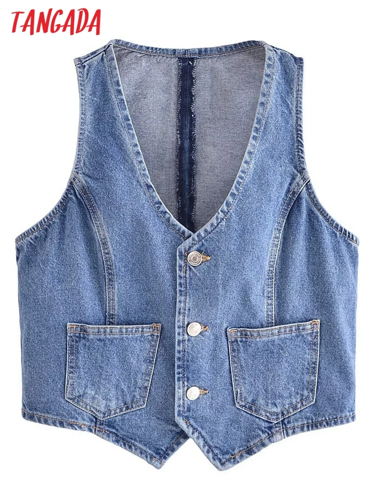 Tangada Women 2023 Blue Denim Crop Waistcoat Vintage V Neck Sleeveless Female Outerwear 6P180