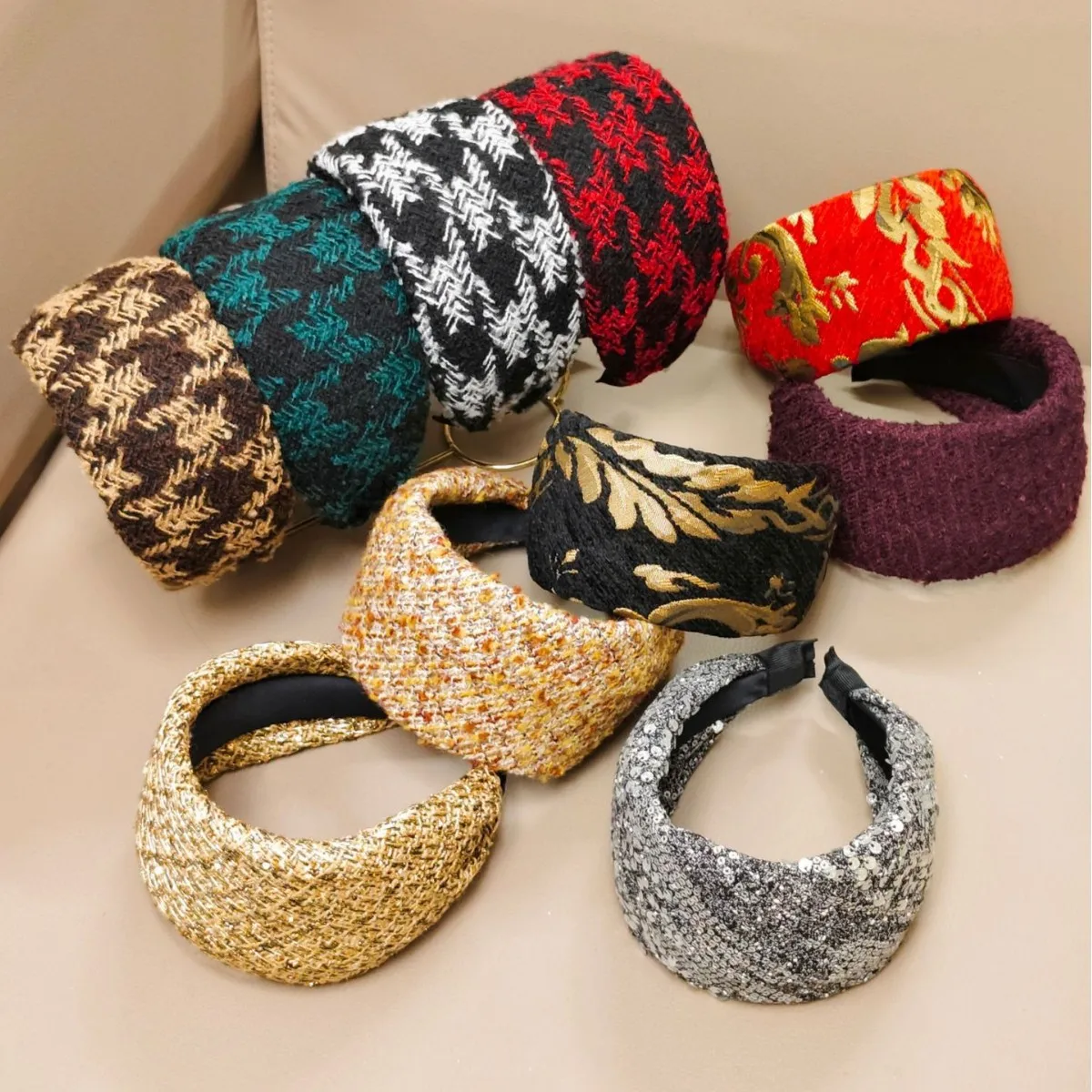 

Зимняя новая мода, широкая утолщенная повязка на голову с узором «гусиные лапки», теплый аксессуар для волос
