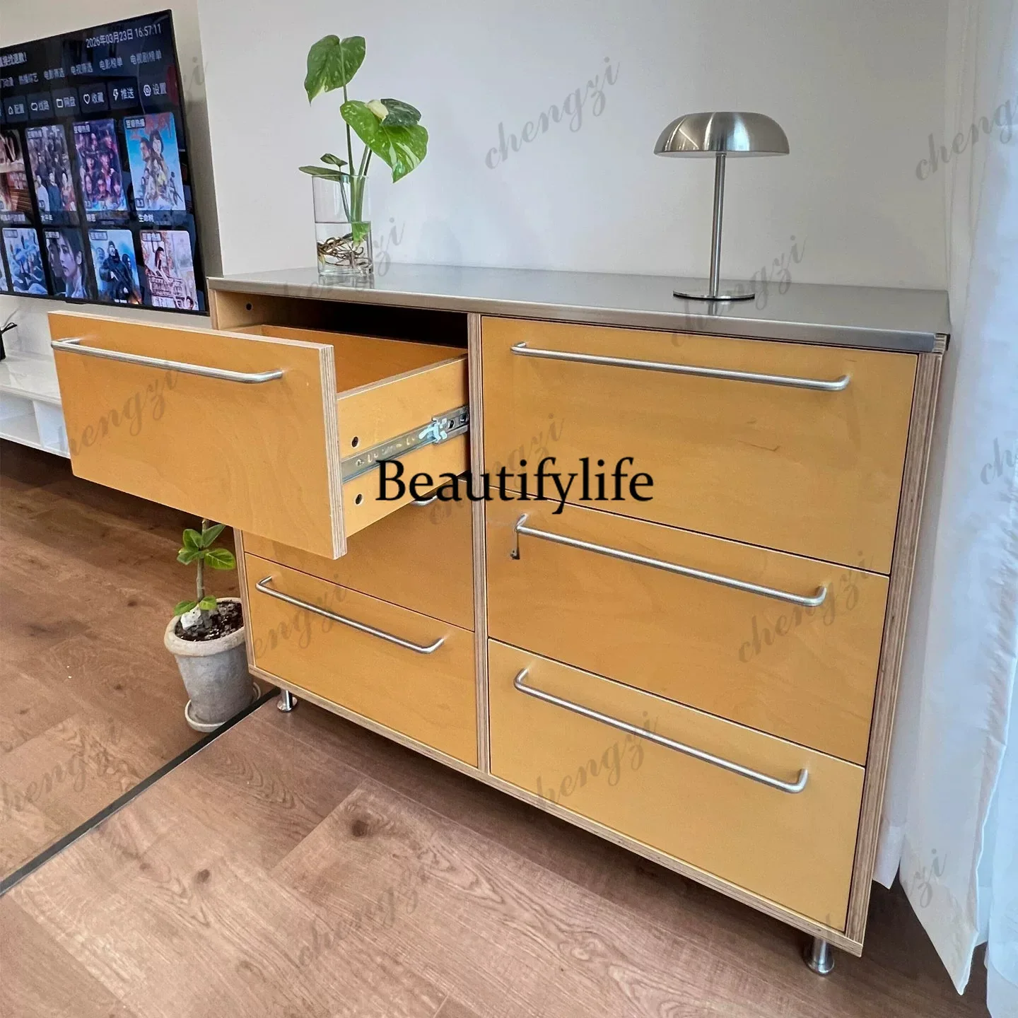 h178Modern simple living room coffee cabinet log color multi-drawer storage, kitchen dining side, storage cabinet
