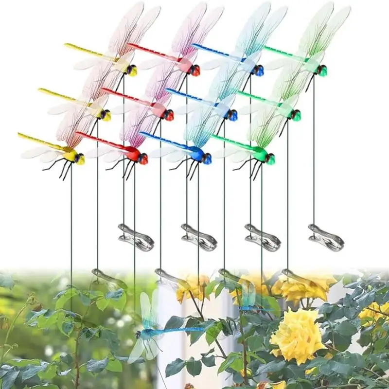 Estaca de jardín con Clip de libélula falsa, soporte de poste de libélula simulada, repelente de moscas, decoración para exteriores, 12 piezas