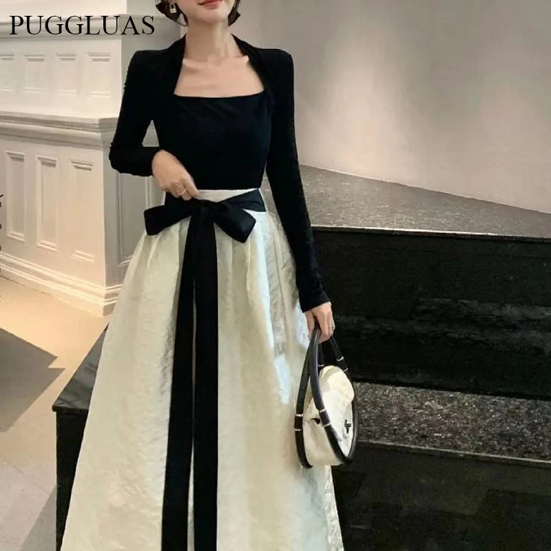 

Women Retro Autumn Winter Tops and Skirt Suits Ladies Temperament Bow Long Sleeve Top High Waist Slim 2 Piece Sets 2022 Fashion