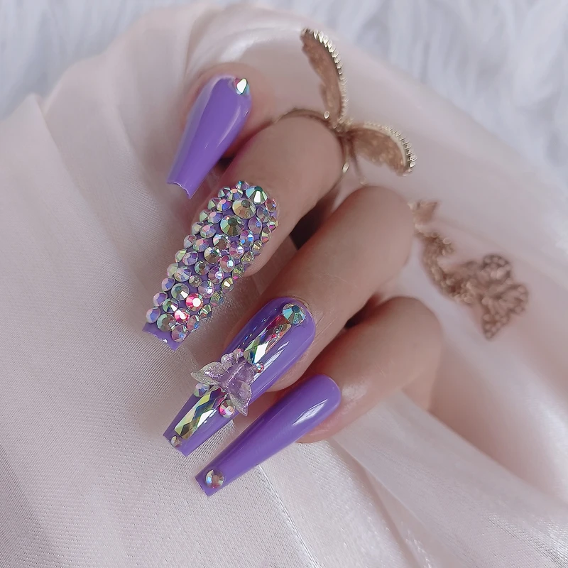 2023 Bride Luxury Jewelry Purple Press on Nails Acrylic Nails Long Coffin False nails Tips Glossy Fake Nails 24pcs