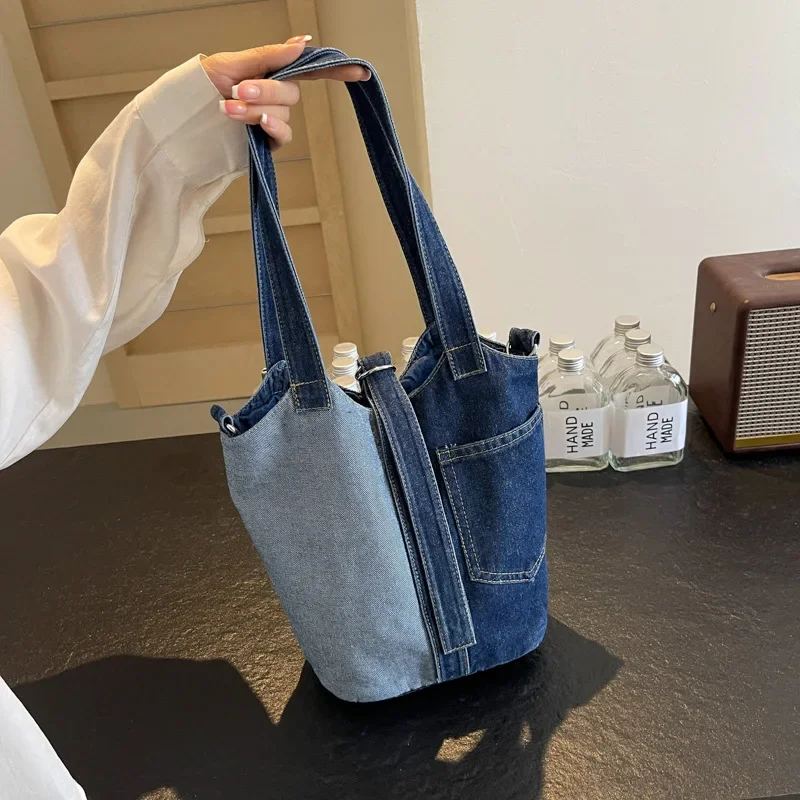 Colorblock Patchwork Crossbody Bag Washed Denim Fabric Shoulder Bucket Bags For Women 2025 Designer Handbags Large Capacity Tote