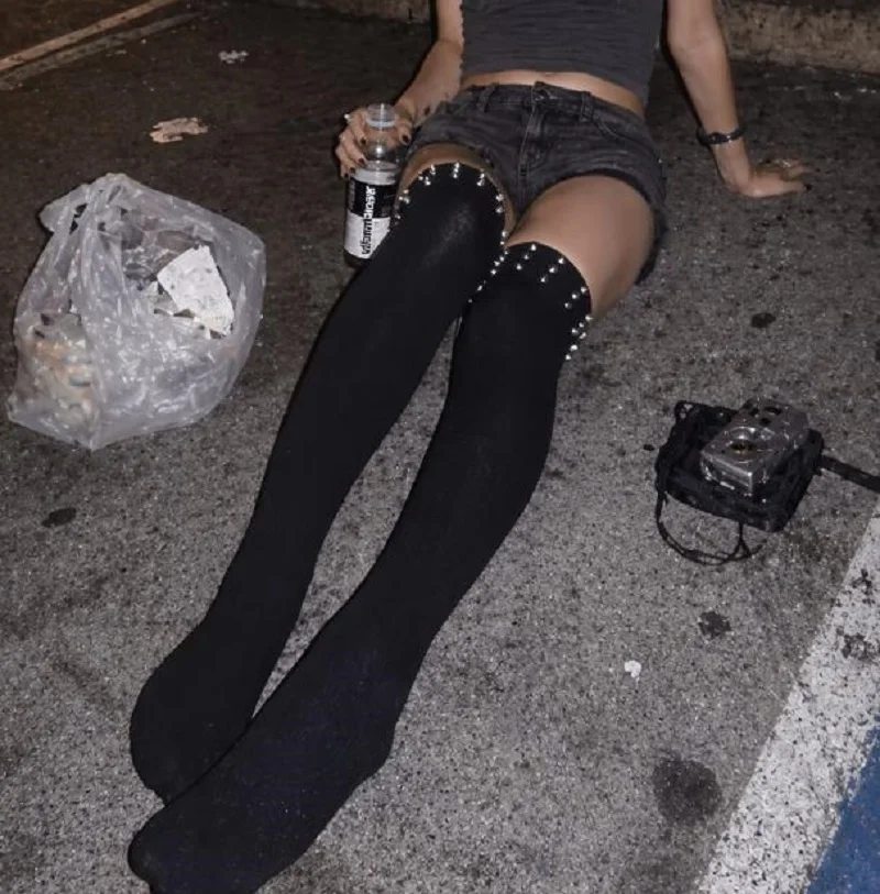 Fashionable Punk Elastic Black Knee High Spike Rivet Decoration Border Subculture Y2K Streetwear Knee High Socks Long Tube Socks