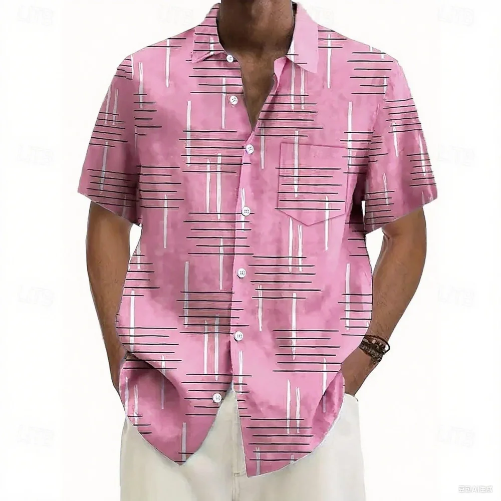 

New men's short sleeved shirt, fashionable line pocket shirt, Hawaiian comfortable shirt, street casual lapel button up shirt