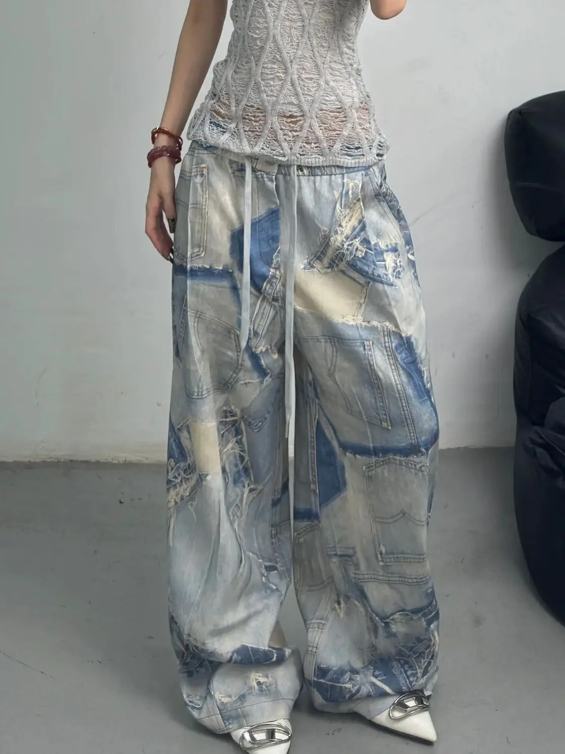 Jeans Tie Dyeing Lace Up Tattered High Waist Women Hip-Hop Style Streetwear Y2K Wide Leg Jean Plus Size Female Baggy Denim Pants